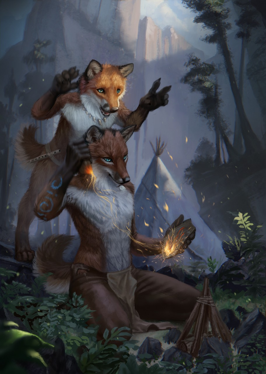 2019 4_toes 5_fingers anthro black_nose blue_eyes canid canine conditional_dnp day detailed_background digital_media_(artwork) digitigrade duo fox fur grass kneeling latex_(artist) male mammal orange_fur outside sky toes