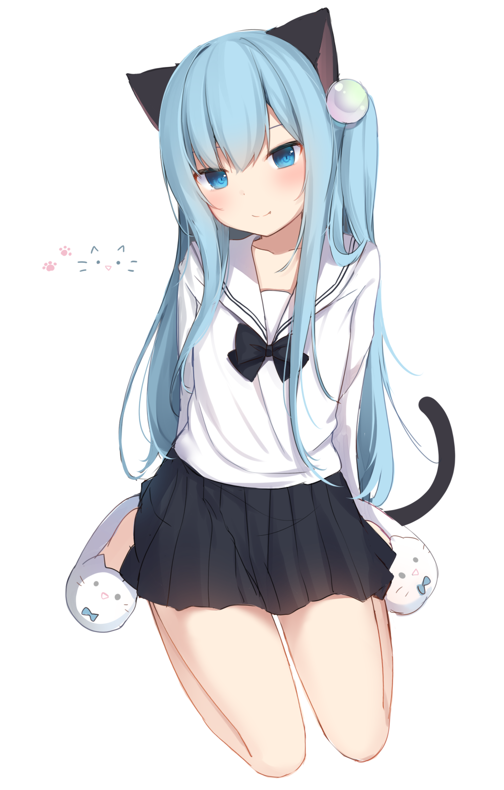 1girl amashiro_natsuki animal_ears animal_slippers bangs black_bow black_skirt blue_eyes blue_hair blush bow cat_day cat_ears cat_girl cat_slippers cat_tail closed_mouth collarbone commentary_request eyebrows_visible_through_hair full_body hair_between_eyes hair_ornament head_tilt highres long_sleeves looking_at_viewer one_side_up original pleated_skirt sailor_collar shirt simple_background sitting skirt slippers smile solo tail wariza white_background white_footwear white_sailor_collar white_shirt