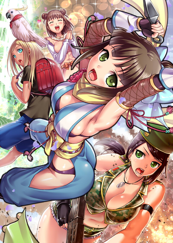 animal animal_on_head aqua_eyes armlet backpack bag bird bird_on_head black_bra black_hair black_panties blonde_hair bow bra breasts brown_hair camouflage camouflage_shorts closed_eyes cockatoo dog_tags double_bun epaulettes fingerless_gloves gloves green_eyes gun hamaguchi_ayame hands_together hat hip_vent idolmaster idolmaster_cinderella_girls jewelry kunai large_breasts layla_(idolmaster) long_hair machine_gun military military_hat military_uniform multiple_girls munakata_atsumi necklace ninja on_head ono_misao open_mouth panties ponytail randoseru scarf short_hair shorts sulphur-crested_cockatoo underwear uniform weapon yamato_aki