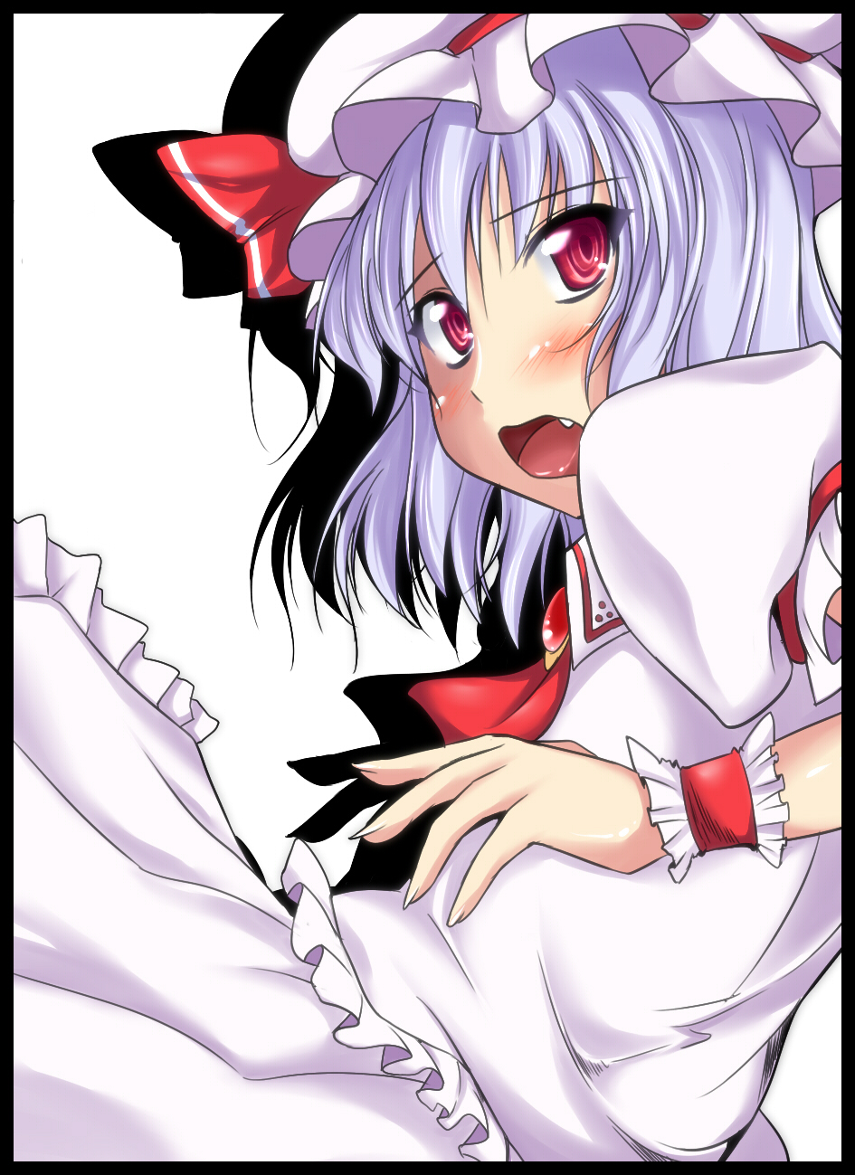 ascot blush commentary_request fang frills hat hat_ribbon highres lavender_hair looking_at_viewer mob_cap open_mouth puffy_short_sleeves puffy_sleeves red_eyes red_ribbon remilia_scarlet ribbon short_sleeves skirt skirt_set solo stiel touhou wrist_cuffs