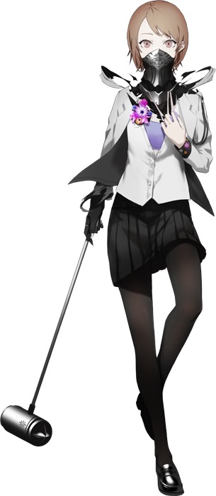 black_legwear black_skin black_skirt blush brown_eyes brown_hair caligula_(game) covered_mouth flower gloves hammer holding holding_weapon long_sleeves looking_at_viewer mask official_art pantyhose shinohara_mifue simple_background skirt solo standing sugimoto_gang weapon white_background