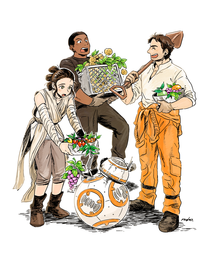 2girls :d ankle_boots bb-8 boots brown_footwear dark_skin finn_(star_wars) food fruit full_body grapes hairband harvesting jacket leaf lime_(fruit) matsuri6373 multiple_boys multiple_girls open_mouth orange over_shoulder peach pilot_suit poe_dameron potato rey_(star_wars) robot sack science_fiction short_sleeves shovel simple_background smile standing star_wars star_wars:_the_force_awakens strawberry vegetable white_background