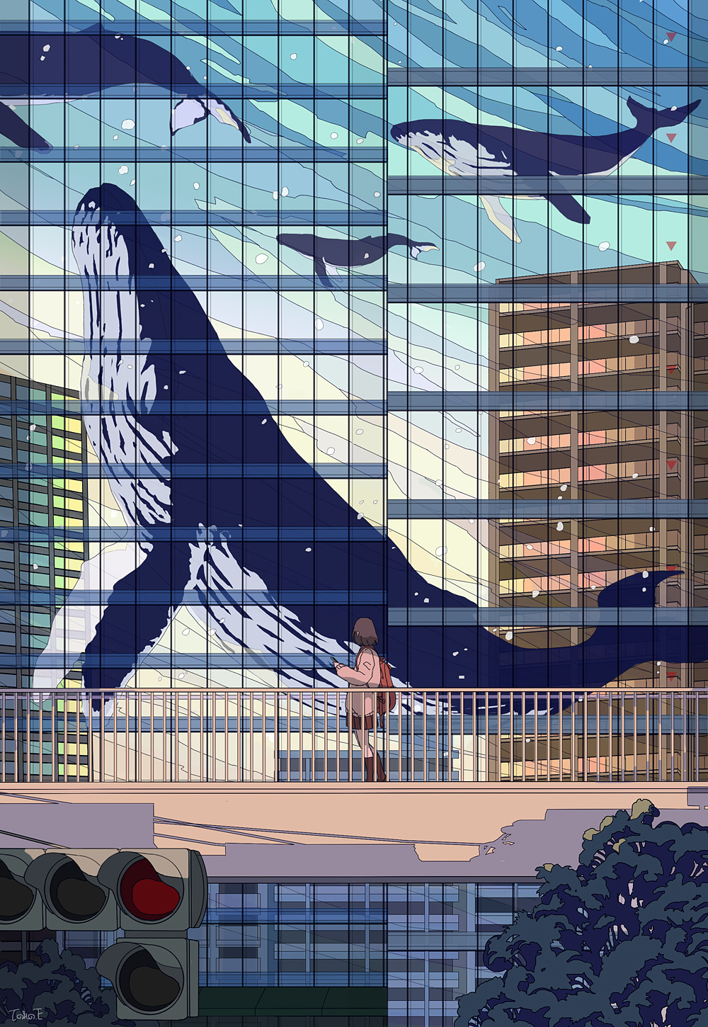 1girl animal backpack bag brown_hair building commentary_request facing_away flying_whale highres original outdoors pedestrian_bridge railing reflection scenery seraphitalg short_hair skirt solo traffic_light tree whale wide_shot window