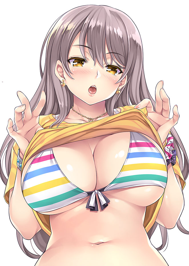 1girl bangle bangs bikini bracelet breasts commentary_request earrings eyebrows_visible_through_hair gold grey_hair heart heart_earrings heart_necklace jewelry large_breasts lifted_by_self long_hair looking_at_viewer mizuhara_yuu navel open_mouth original scrunchie shirt shirt_lift sidelocks simple_background skindentation solo stomach striped striped_bikini swimsuit upper_teeth white_background wrist_scrunchie yellow_eyes yellow_shirt