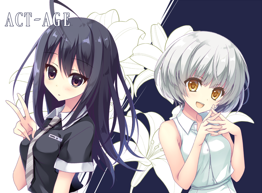 2girls :d act-age ahoge asakura_hayate bangs bare_arms bare_shoulders black_background black_hair black_shirt blush breasts brown_eyes character_request collared_shirt commentary_request copyright_name eyebrows_visible_through_hair gradient_hair grey_neckwear hair_between_eyes head_tilt interlocked_fingers long_hair looking_at_viewer medium_breasts multicolored_hair multiple_girls necktie open_mouth own_hands_together purple_hair shirt short_sleeves silver_hair sleeveless sleeveless_shirt smile two-tone_background v white_background white_shirt