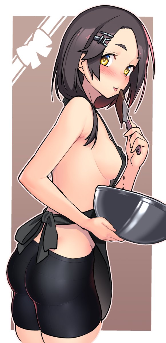 1girl :p apron ass bare_arms bare_shoulders bike_shorts black_apron black_hair black_shorts blush border bowl breasts brown_background chocolate commentary_request cowboy_shot forehead gradient_hair hair_ornament hairclip hand_up highres holding holding_bowl kantai_collection kuroshio_(kantai_collection) looking_at_viewer medium_breasts mixing_bowl multicolored_hair outline outside_border pink_hair red_hair short_hair short_shorts shorts sideboob simple_background smile solo standing streaked_hair taketora_suzume thighs tongue tongue_out white_border white_outline yellow_eyes
