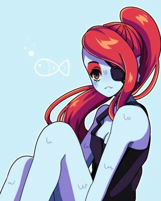 1girl blue_skin eyepatch fangs female long_hair red_hair shirt simple_background solo undertale undyne