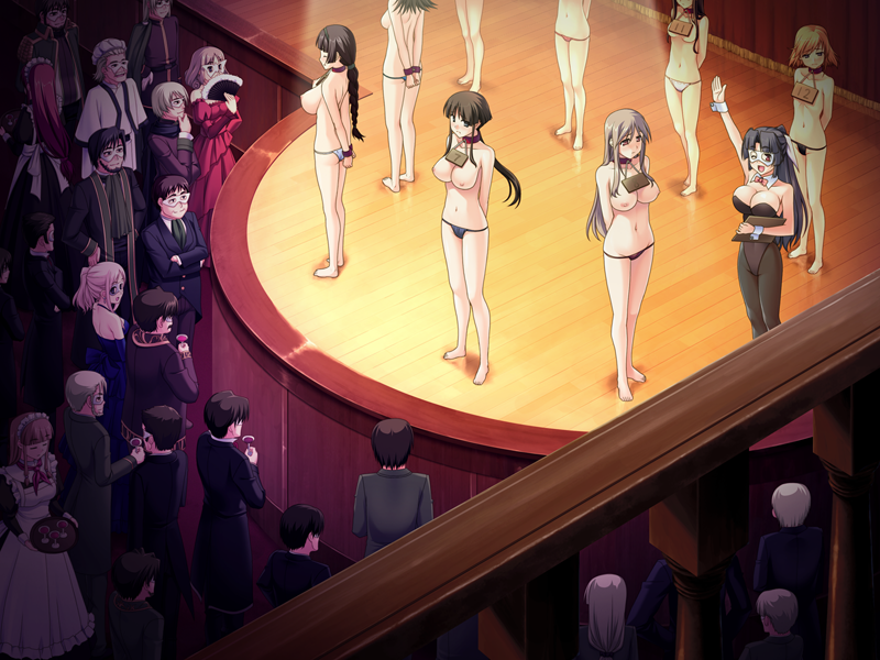 6+girls alcohol arms_behind_back artist_request auction bound breasts collar cuffs dress formal huge_breasts large_breasts long_hair mask medium_breasts multiple_boys multiple_girls nipples original panties pantyhose slave small_breasts suit topless underwear