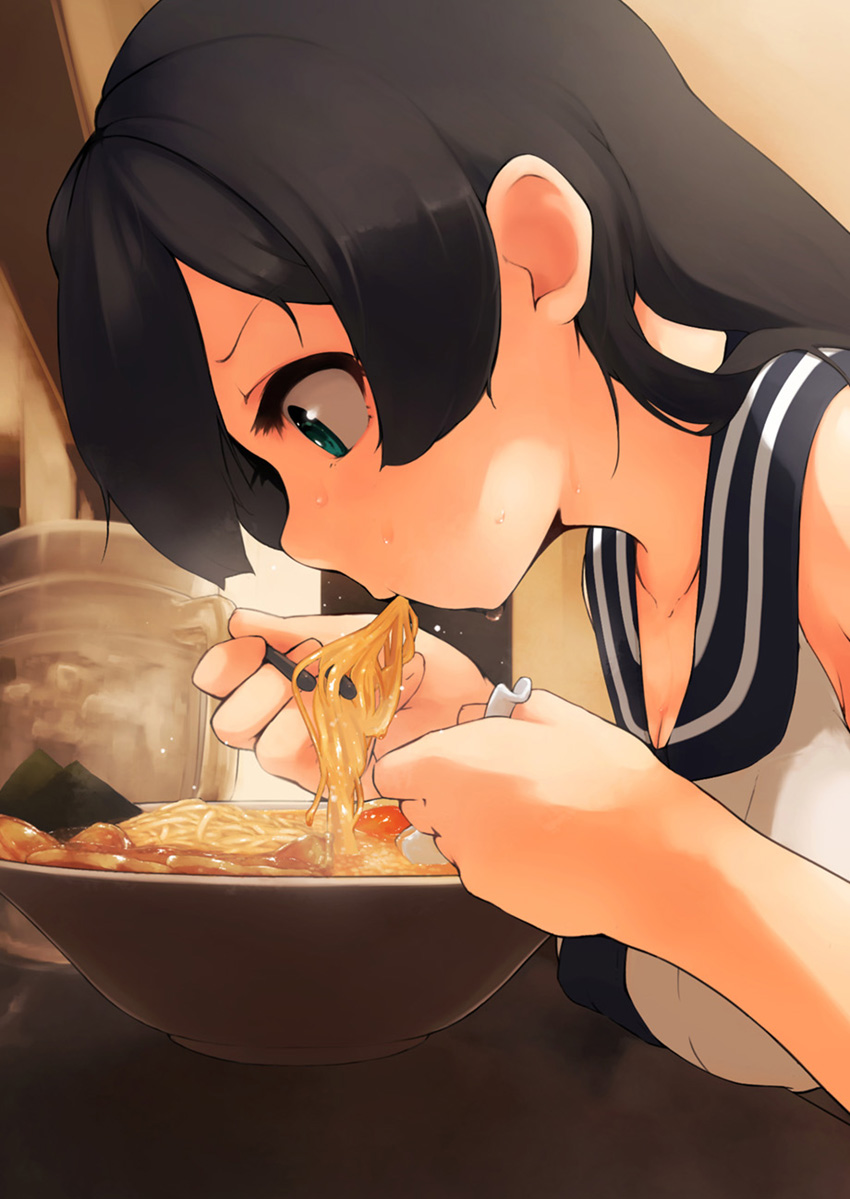 agano_(kantai_collection) bare_shoulders black_hair bowl breasts chopsticks eating egg food from_side green_eyes heat holding holding_spoon kantai_collection leaning_forward long_hair medium_breasts no_gloves noodles profile ramen school_uniform serafuku solo spoon steam suginoji sweat