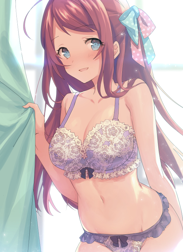 1girl :d ahoge backlighting bare_arms bare_shoulders blue_eyes blue_ribbon blush bra commentary_request cowboy_shot curtains day frilled_panties frills groin hair_ribbon half_updo hand_up lace lace-trimmed_bra light_particles lingerie long_hair looking_at_viewer matsuha_shuu minamoto_sakura navel open_mouth panties polka_dot purple_bra purple_panties red_hair red_ribbon ribbon sidelocks smile solo standing stomach underwear underwear_only zombie_land_saga