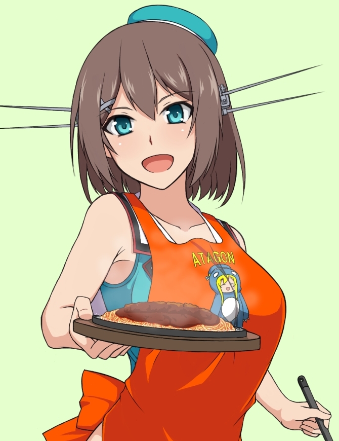 :d apron atago_(kantai_collection) bangs beret blue_eyes blush breasts brown_hair character_print clothes_writing collarbone eyebrows eyebrows_visible_through_hair food hair_between_eyes hair_ornament hairclip hat headgear holding kantai_collection large_breasts looking_at_viewer maya_(kantai_collection) nikonikosiro noodles open_mouth remodel_(kantai_collection) short_hair simple_background sleeveless smile solo tray upper_body x_hair_ornament