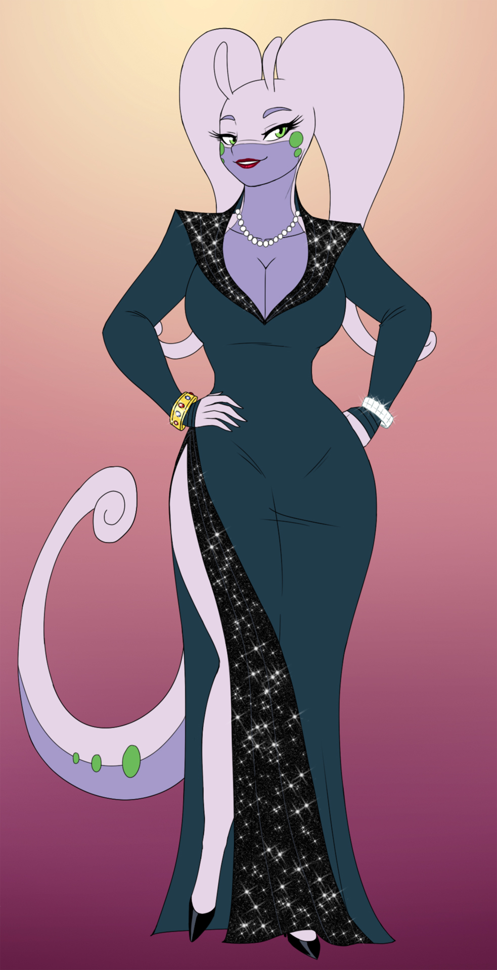 anthro big_breasts bracelet breasts clothing crovirus dress female glitter goodra green_eyes hi_res high_heels jewelry lipstick long_dress long_tail looking_at_viewer necklace nintendo pok&eacute;mon solo video_games wide_hips