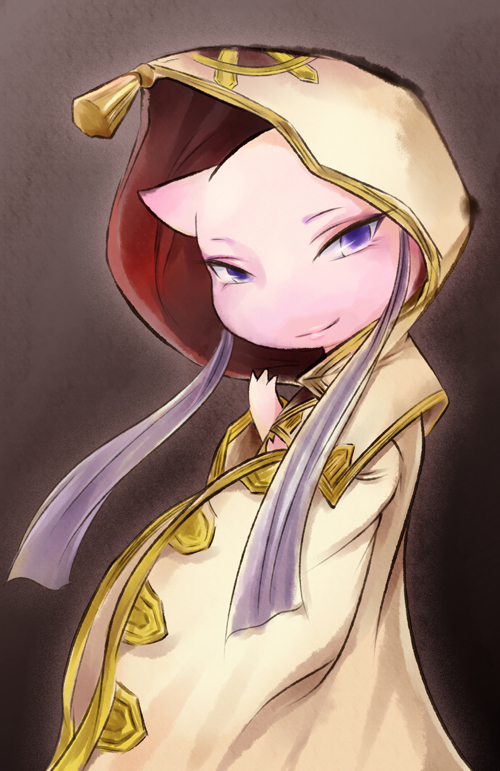 2012 3_fingers aya_(samurai_warriors) clothed clothing cosplay digital_drawing_(artwork) digital_media_(artwork) elyoncat eyebrows eyelashes female feral fully_clothed gradient_background grey_background half-length_portrait hood legendary_pok&eacute;mon lips looking_at_viewer mew nintendo pink_body pok&eacute;mon portrait purple_eyes ribbons robe samurai_warriors shaded shadow side_view simple_background smile solo symbol tagme video_games white_sclera