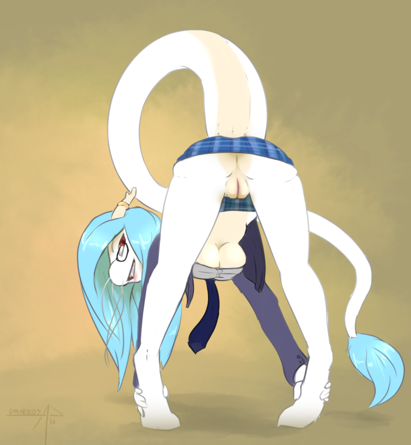 2016 anthro aria_(eosets) ass_up beige_countershading bent_over blue_bottomwear blue_hair breasts butt clothed clothing digital_media_(artwork) draekos dragon eastern_dragon eyewear female fully_clothed glasses grey_topwear grin hair holding_leg horn horn_ring jewelry long_hair long_tail looking_at_viewer looking_back miniskirt multicolored_body multicolored_tail naughty_face necktie no_underwear open_jacket open_shirt plaid plaid_skirt plump_labia presenting presenting_hindquarters presenting_pussy purple_topwear pussy raised_tail rear_view red_eyes ring scalie shirt signature simple_background skirt solo spread_legs spreading standing tan_background tan_body teeth thick_bottom_lip under_boob upskirt whiskers white_body