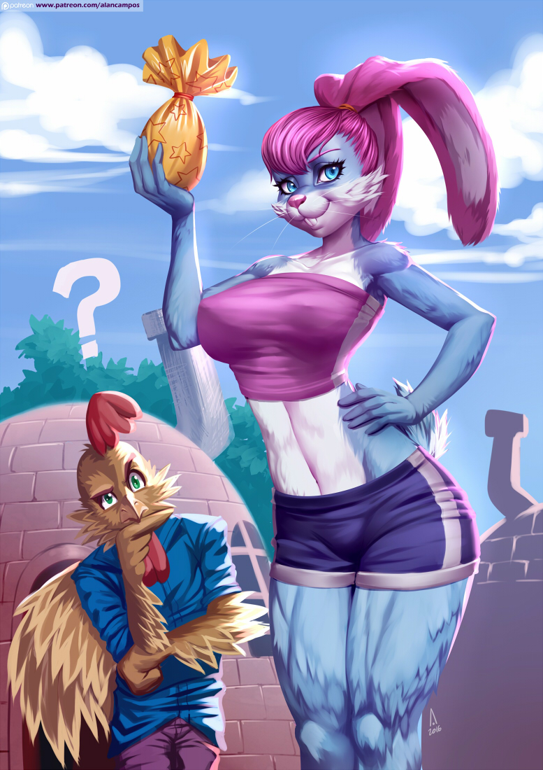 2016 ? alanscampos anthro avian bag beak big_breasts bird blue_eyes blue_fur breasts brown_feathers buckteeth chicken clothed clothing cloud crop_top duo english_text feathers female fur green_eyes house lagomorph looking_at_viewer male mammal nipple_bulge outside pants rabbit shirt shorts size_difference sky smile star teeth text tree white_fur