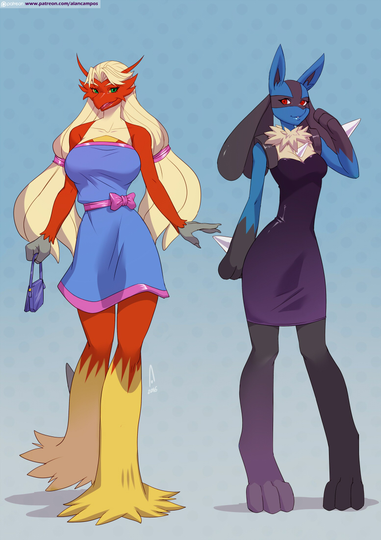 2016 alanscampos anthro anthrofied avian barefoot beak big_breasts black_fur blaziken blue_background blue_fur breasts canine claws cleavage clothed clothing dress duo english_text feathers female fur green_eyes grey_claws hair long_hair looking_at_viewer lucario mammal nintendo open_mouth pok&eacute;mon pok&eacute;morph purse red_eyes red_feathers simple_background smile text tongue video_games white_hair yellow_feathers yellow_fur yellow_sclera