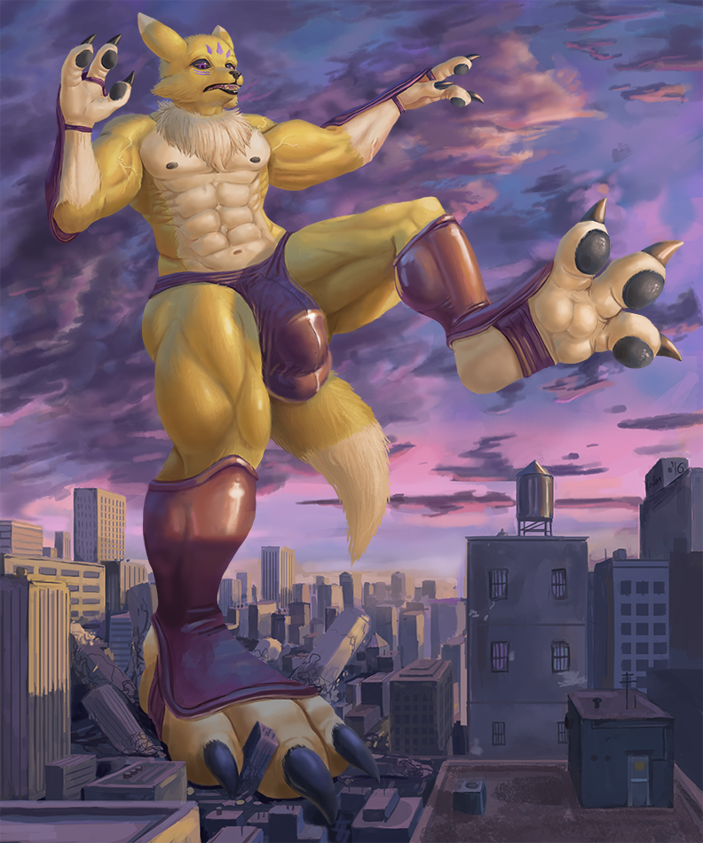 2016 abs anthro armwear black_claws black_nose black_pawpads black_sclera building bulge canine city claws clothed clothing destruction digimon fox fur legwear macro male mammal muscular navel nipples open_mouth pawpads purple_eyes purple_markings raised_leg renamon size_difference solo spectrumshift teeth thong toe_claws tuft white_fur yellow_fur