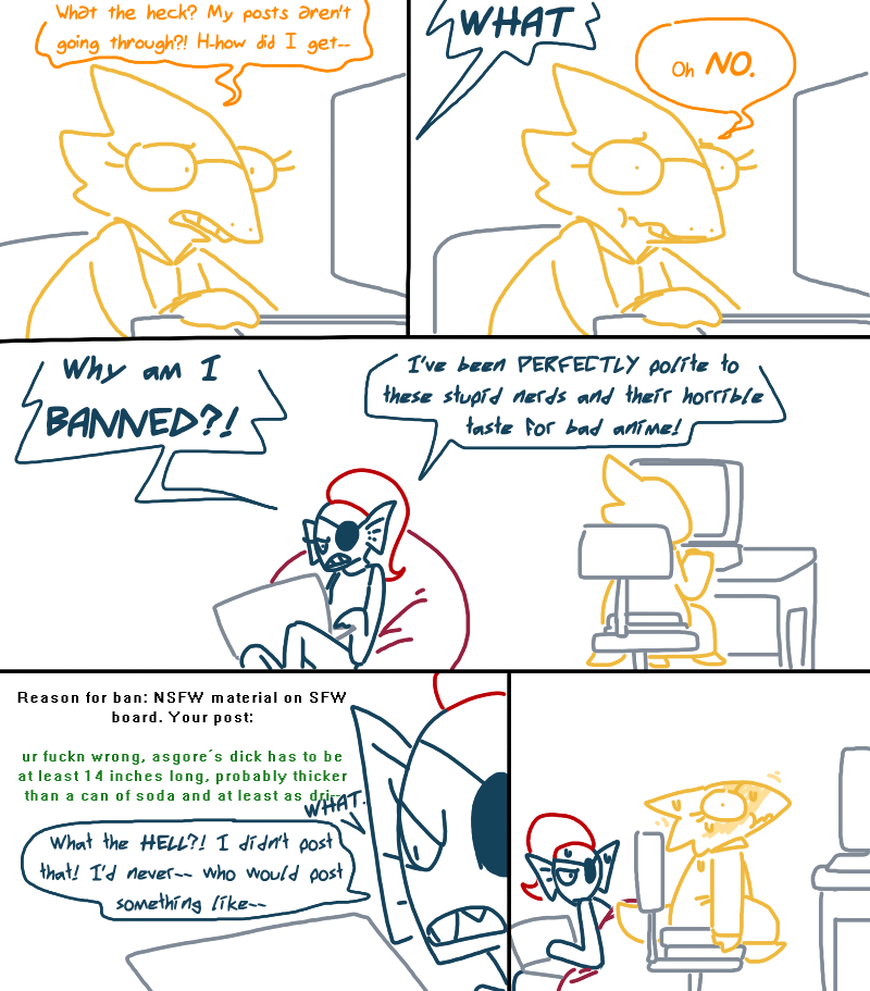 alphys blush comic computer duo english_text eye_patch eyewear female fish glasses laptop marine open_mouth ponytail scalie sitting surprise sweat text the_weaver undertale undyne video_games