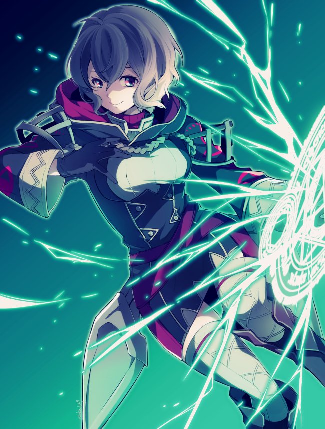 1girl ataka_takeru black_gloves black_hair closed_mouth dress fire_emblem fire_emblem:_kakusei fire_emblem_heroes gloves hood hood_down long_sleeves magic_circle mark_(female)_(fire_emblem) mark_(fire_emblem) nintendo short_dress short_hair smile solo thighhighs white_legwear