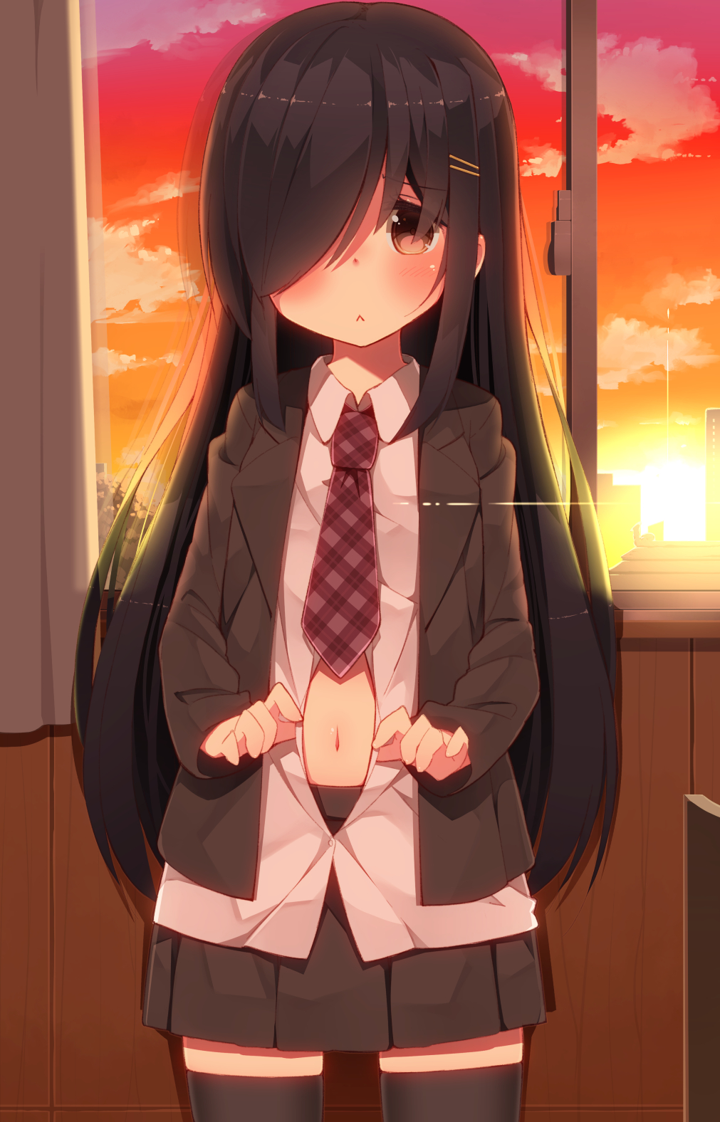 :&lt; black_hair black_legwear blazer blush curtains fujiwara_gacho hair_ornament hair_over_one_eye hairclip highres indoors jacket long_hair looking_at_viewer navel necktie open_clothes open_shirt original red_eyes school_uniform shirt skirt solo sunset thighhighs window zettai_ryouiki