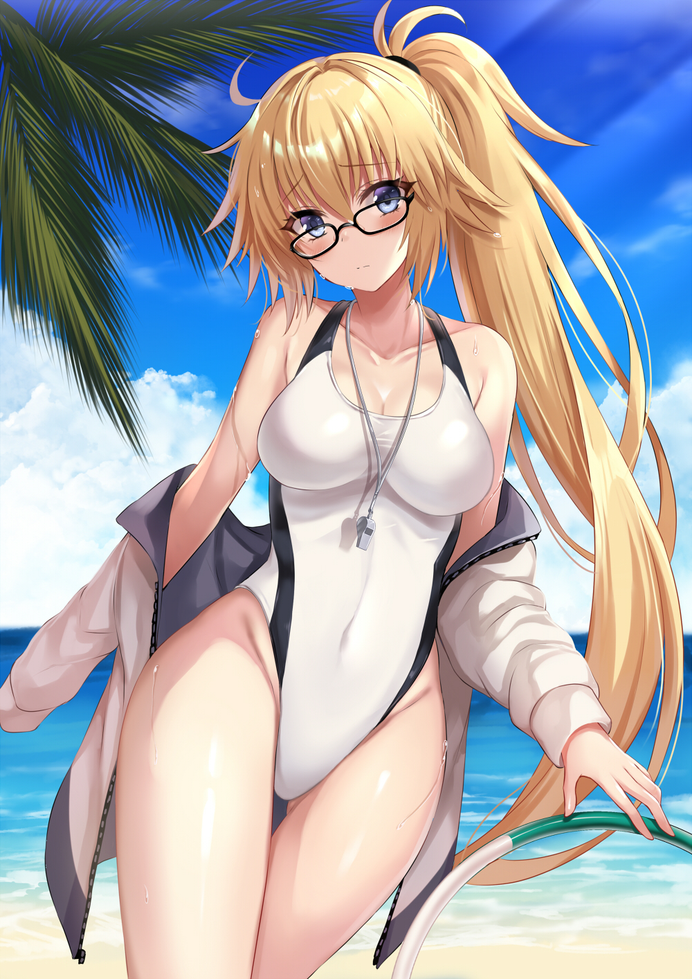 1girl bad_id bangs black-framed_eyewear blonde_hair blue_eyes blue_sky blurry blurry_background breasts cleavage cloud cloudy_sky commentary_request competition_swimsuit day depth_of_field eyebrows_visible_through_hair fate/grand_order fate_(series) glasses gluteal_fold groin hair_between_eyes harimoji head_tilt high_ponytail highres horizon jacket jeanne_d'arc_(fate)_(all) jeanne_d'arc_(swimsuit_archer) large_breasts long_hair ocean off_shoulder one-piece_swimsuit outdoors side_ponytail sky solo swimsuit thigh_gap very_long_hair water whistle whistle_around_neck white_jacket white_swimsuit