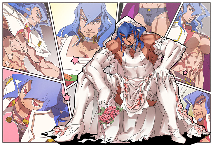 1girl artist_request azrael_(blazblue) bare_shoulders blazblue blazblue:_chronophantasma blue_hair bouquet breasts bridal_gauntlets chibi chibi_inset choker collage crossdressing cutoffs dark_skin dress dual_persona elbow_gloves facial_hair flower genderswap genderswap_(mtf) gloves goatee large_breasts long_hair manly mechanization muscle official_art red_eyes short_shorts shorts sitting thighhighs underboob wedding_dress white_dress white_gloves white_legwear