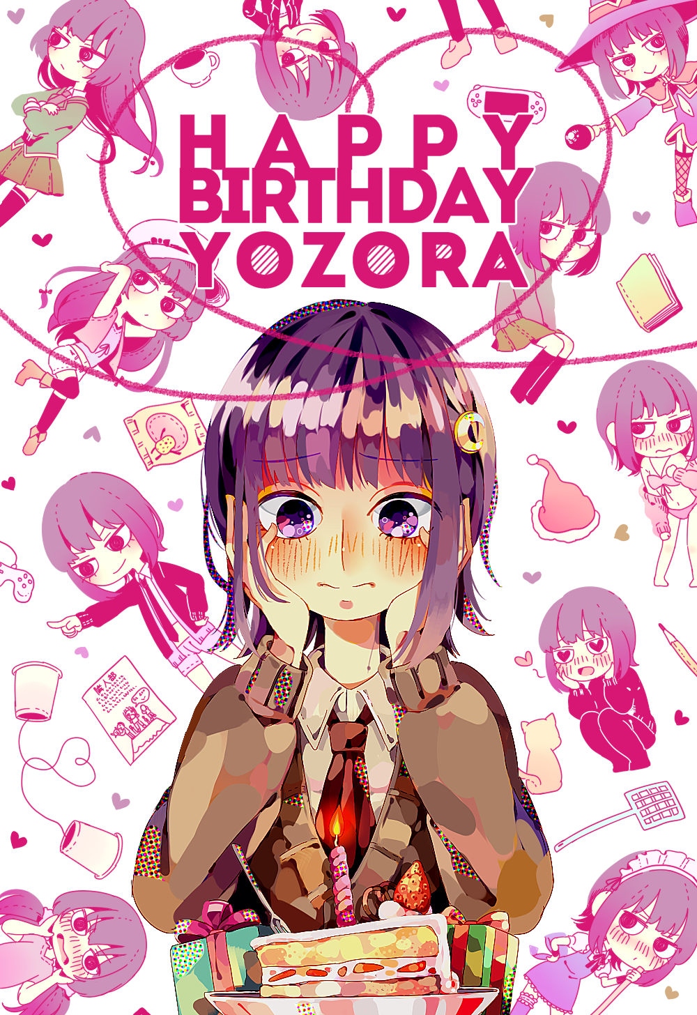 barefoot birthday_cake black_hair blush boku_wa_tomodachi_ga_sukunai book cake candle cat crescent crescent_hair_ornament crossed_arms cup english flyer flyswatter food fork frown fruit game_console hair_ornament hand_on_hip happy_birthday hat head_in_hand heart heart-shaped_pupils highres long_hair maid_headdress mikazuki_yozora multiple_views necktie plate purple_eyes school_uniform seriko_(seo77000) short_hair shorts smile st._chronica_academy_uniform strawberry symbol-shaped_pupils thighhighs twintails witch_hat
