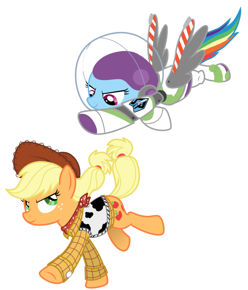 alpha_channel applejack_(mlp) blonde_hair blue_fur buzz_lightyear clothing cowboy cowboy_hat cutie_mark disney duo earth_pony equine female feral friendship_is_magic fur green_eyes hair hat horse lostinthetrees_(artist) mammal multicolored_hair my_little_pony orange_fur pegasus pony rainbow_dash_(mlp) rainbow_hair sheriff_woody_pride simple_background smile spacesuit toy toy_story transparent_background wings