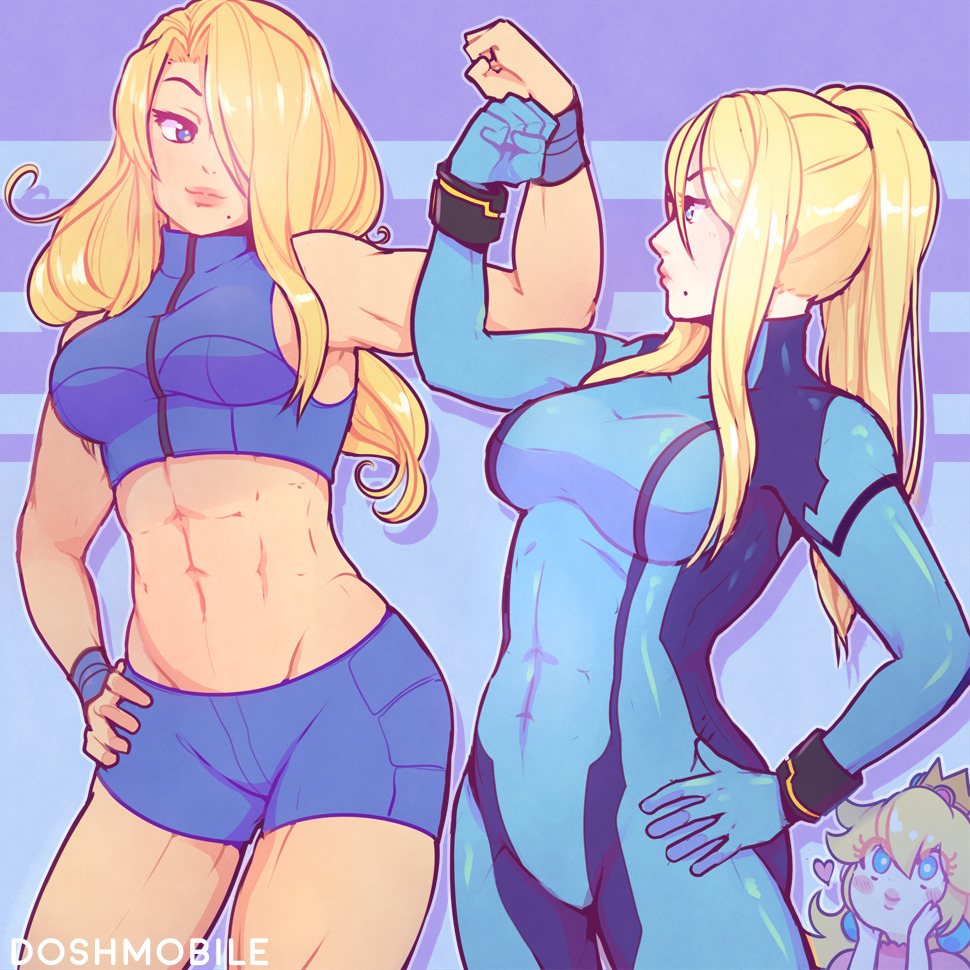 3girls abs artist_name blonde_hair blue_eyes blush breasts crop_top crown dosh dual_persona flexing hair_over_one_eye hand_on_hip hands_on_own_face heart long_hair looking_at_viewer mario_(series) metroid metroid_fusion mini_crown mole mole_under_mouth multiple_girls muscle muscular_female nintendo ponytail pose princess_peach raised_eyebrows samus_aran short_shorts shorts sleeveless smile super_mario_bros. super_smash_bros. super_smash_bros._ultimate toned wristband