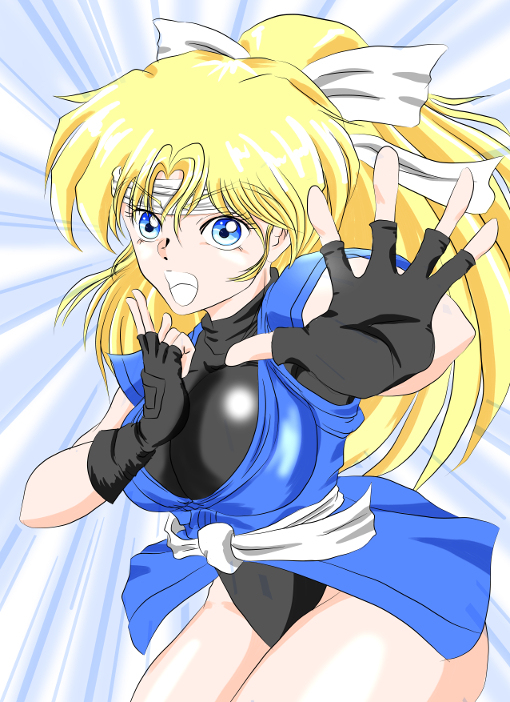 1girl blonde_hair blue_eyes breasts female headband japanese_clothes large_breasts leotard martial_champion racheal thighhighs