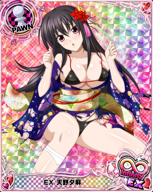1girl bare_shoulders bikini bikini_under_clothes black_bikini black_hair blush breasts card_(medium) character_name chess_piece cleavage embarrassed flower hair_flower hair_ornament high_school_dxd high_school_dxd_infinity japanese_clothes kimono large_breasts long_hair looking_at_viewer off_shoulder official_art open_mouth pawn pink_eyes raynare solo swimsuit torn_clothes trading_card white_legwear