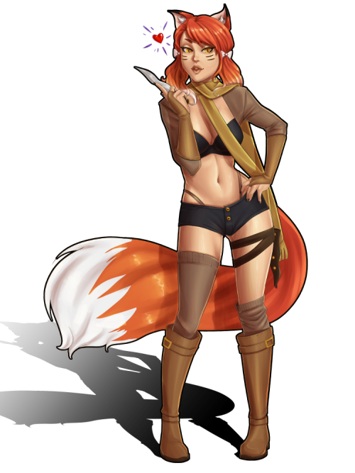 &lt;3 animal_humanoid boots canine clothed clothing female figgylicious footwear fox fox_humanoid hair humanoid legwear long_hair looking_at_viewer mammal red_hair ribbons stockings yellow_eyes