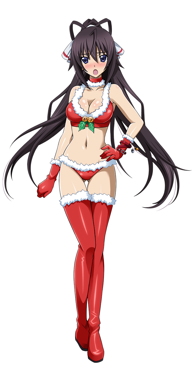 black_hair boots breasts cleavage flustered full_body fur-trimmed_boots fur_trim gloves hand_on_hip highres infinite_stratos long_hair looking_at_viewer medium_breasts navel open_mouth ponytail purple_eyes red_footwear red_gloves red_legwear santa_boots santa_costume santa_gloves shinonono_houki solo thigh_boots thighhighs transparent_background