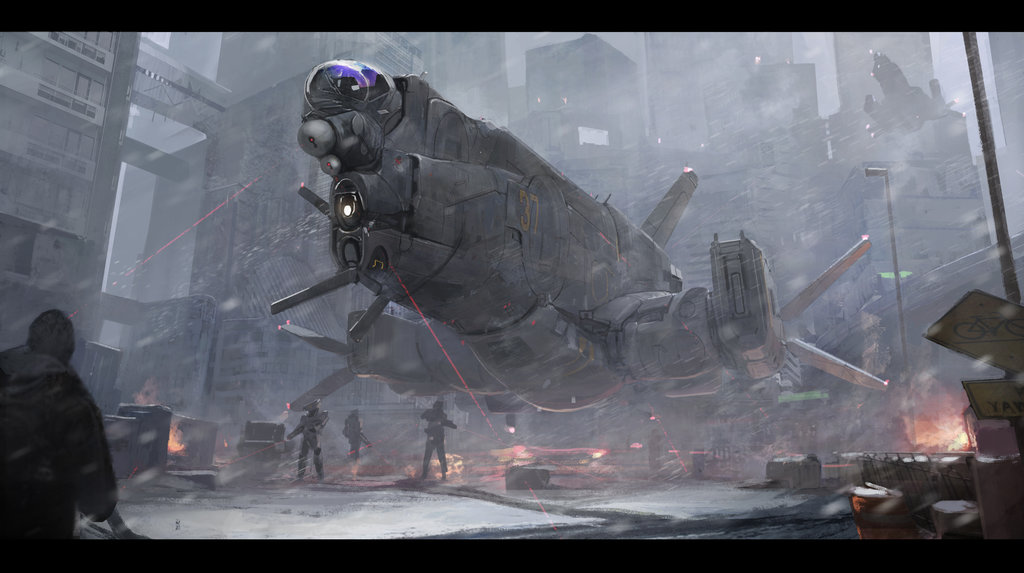 bad_id bad_pixiv_id building coat fire flying from_behind good gun hood hoodie lamppost laser original osama rifle science_fiction snow snowing space_craft standing town weapon winter