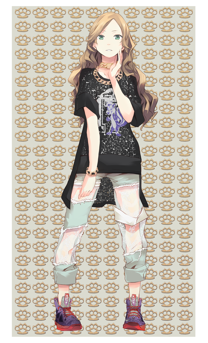 black_shirt border bracelet brass_knuckles brown_hair chain chain_necklace fashion full_body gold_chain green_eyes hand_on_own_cheek highres jewelry long_hair looney_tunes original pants pants_rolled_up parted_lips patterned_background pepe_le_pew print_shirt purple_footwear ripped_jeans see-through shirt shoes sneakers solo standing weapon white_border yoshito