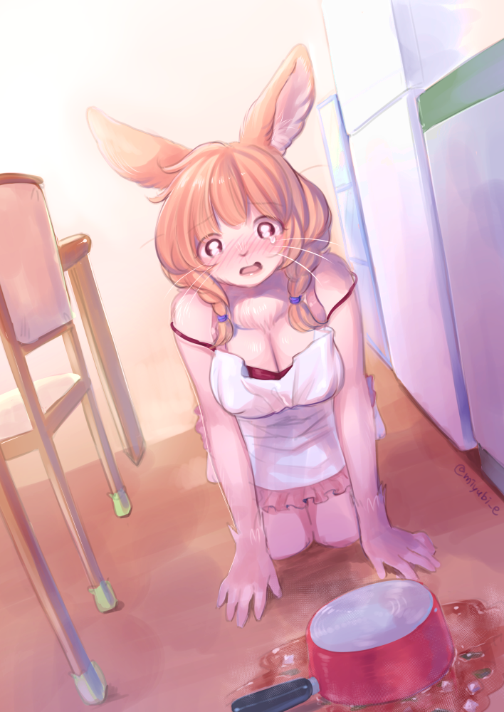 1girl accident cat cleavage cooking furry kiichi_(ca0sf) long_hair open_mouth pink_hair slipped twintails