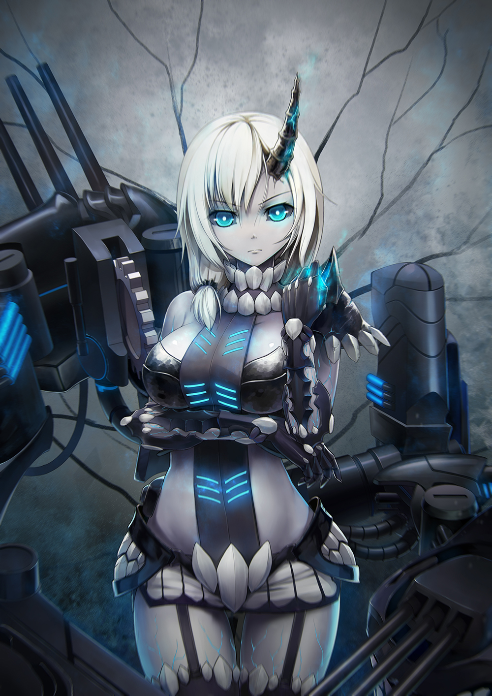 against_wall asymmetrical_bangs asymmetrical_clothes bangs bare_shoulders belt black_gloves black_legwear black_sclera blue_eyes breastplate breasts cannon capsule clenched_hand closed_mouth collar cowboy_shot crevice dark_persona elbow_gloves enemy_vessel_(zhan_jian_shao_nyu) expressionless garter_straps gears gloves hair_over_shoulder highres horn large_breasts looking_at_viewer low_ponytail machinery midriff miniskirt revealing_clothes rodney_(zhan_jian_shao_nyu) short_hair shoulder_pads silver_hair skirt solo thighhighs turret white_skirt xiaoyin_li zhan_jian_shao_nyu