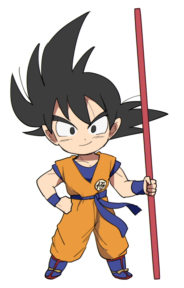 1boy bidarian black_eyes black_hair boots chibi clenched_hand clothes_writing dougi dragon_ball dragon_ball_super dragon_ball_super_broly dragonball_z frown full_body grin hand_on_hip holding looking_at_viewer male_focus nyoibo shaded_face short_hair simple_background smile son_gokuu spiked_hair standing white_background wristband