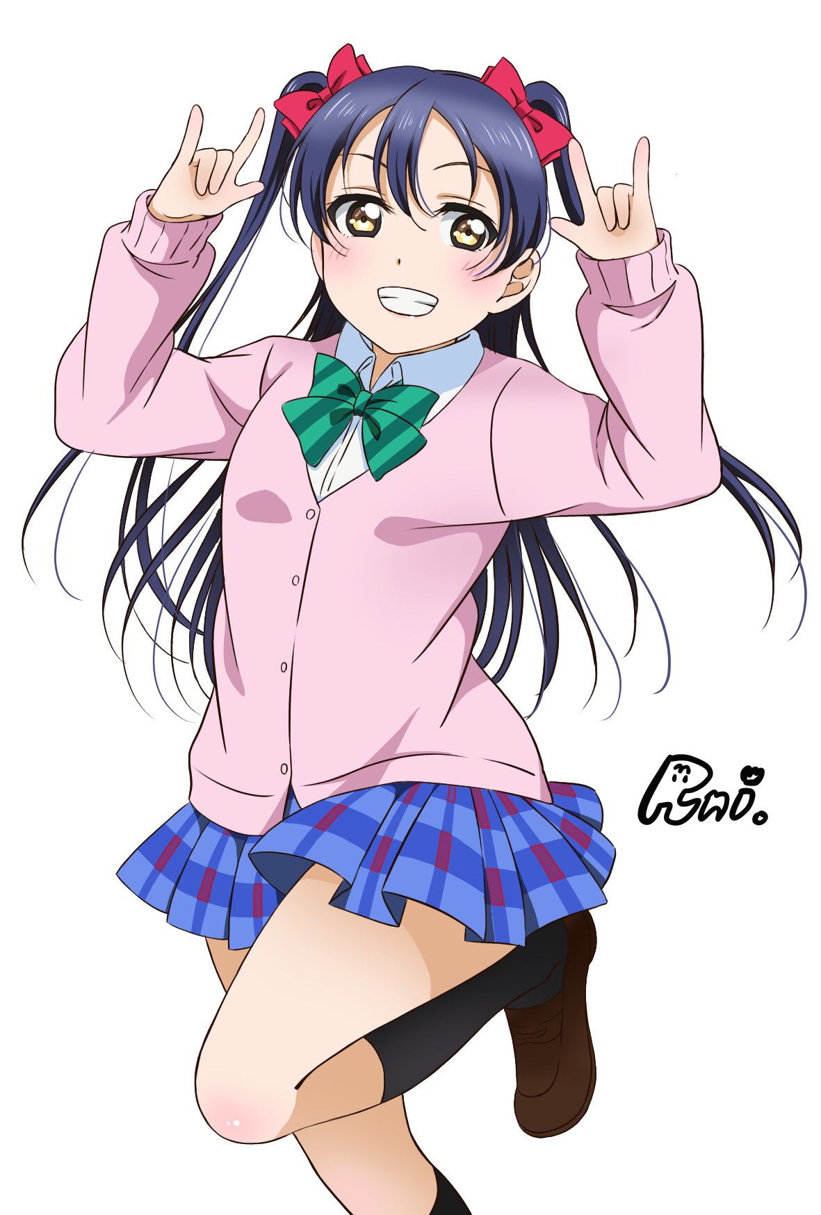 1girl 87025_runi \m/ bangs blue_hair cardigan commentary_request cosplay double_\m/ hair_between_eyes highres leg_up long_hair looking_at_viewer love_live! love_live!_school_idol_project nico_nico_nii open_mouth otonokizaka_school_uniform school_uniform short_hair simple_background skirt smile solo sonoda_umi standing twintails white_background yazawa_nico yazawa_nico_(cosplay) yellow_eyes