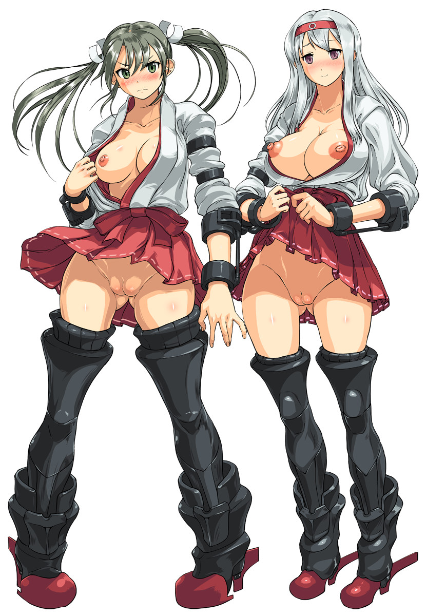 areolae armor armored_boots ass_visible_through_thighs blush boots breasts cleavage cleft_of_venus cosine full_body green_eyes grey_hair hair_ribbon hairband highres japanese_clothes kantai_collection kimono kimono_skirt large_breasts long_hair looking_at_viewer multiple_girls nipples no_panties open_clothes purple_eyes pussy ribbon shoukaku_(kantai_collection) silver_hair smile thigh_boots thighhighs transparent_background twintails uncensored white_ribbon zuikaku_(kantai_collection)