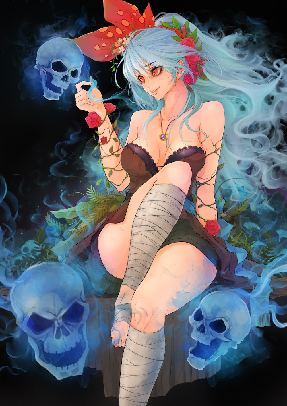 1girl bandaged_leg bandages bare_arms bare_shoulders blue_fire breasts brown_dress collarbone convenient_leg dress fire flaming_skull floating_skull flower hair_flower hair_ornament hair_ribbon highres jewelry large_breasts long_hair necklace orange_eyes pendant plant red_flower red_rose ribbon rocbouquet_(saga) romancing_saga_2 rose saga shorts_under_dress silver_hair sitting solo strapless strapless_dress very_long_hair vines