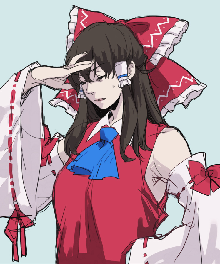 asakura_noi ascot black_hair blue_background bow detached_sleeves facepalm frilled_bow frills frustrated hair_bow hair_tubes hakurei_reimu hand_on_hip hand_up long_hair red_shirt ribbon-trimmed_sleeves ribbon_trim shirt simple_background sketch solo sweatdrop touhou upper_body wide_sleeves