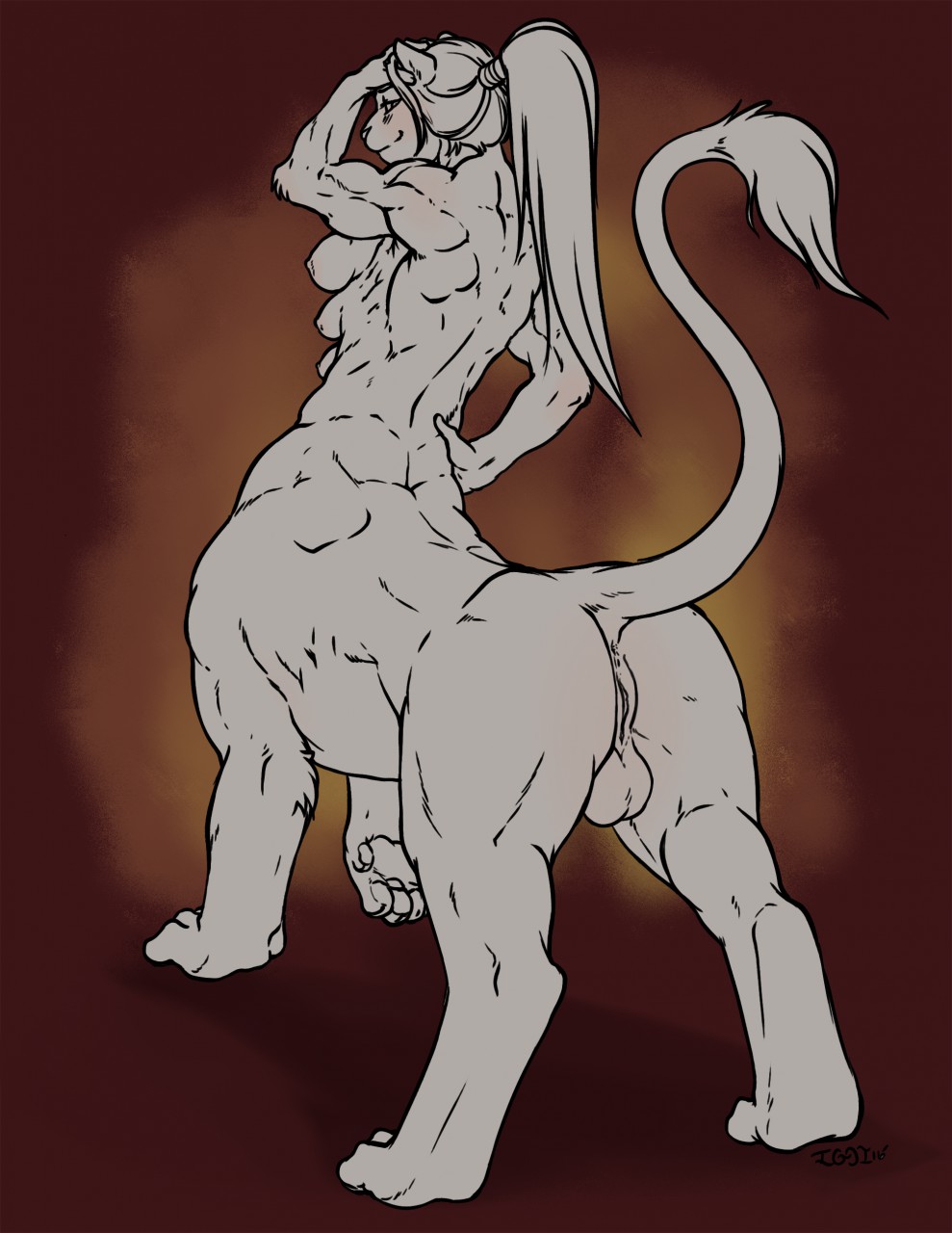 2016 anus balls breasts butt feline female fur hair iggi intersex mammal multi_breast muscular nipples nude presenting presenting_hindquarters pussy savant_(kintarius) simple_background sketch solo taur