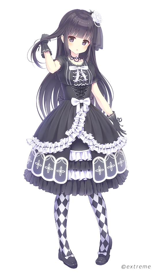 alc_(ex2_lv) bangs black_footwear black_gloves black_hair blunt_bangs bow checkered checkered_legwear choker commentary_request cross-laced_clothes dress flower frills full_body gloves gothic_lolita hair_flip hair_flower hair_ornament hime_cut layered_dress lolita_fashion long_hair looking_at_viewer momoiro_taisen_pairon official_art open_mouth original pantyhose purple_eyes rose shoes simple_background solo standing veil watermark white_background white_flower white_rose