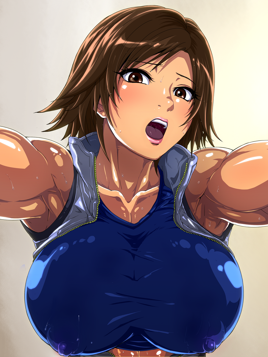 armpits bare_shoulders blue_sports_bra blush breasts brown_hair center_opening erect_nipples from_below highres huge_breasts jacket jumpsuit kazama_asuka lips looking_at_viewer open_clothes open_jacket open_mouth orange_eyes pink_lips puffy_areolae puffy_nipples raburebo shiny shiny_clothes short_hair simple_background solo sports_bra sweat tekken unzipped upper_body waguchi_shouka