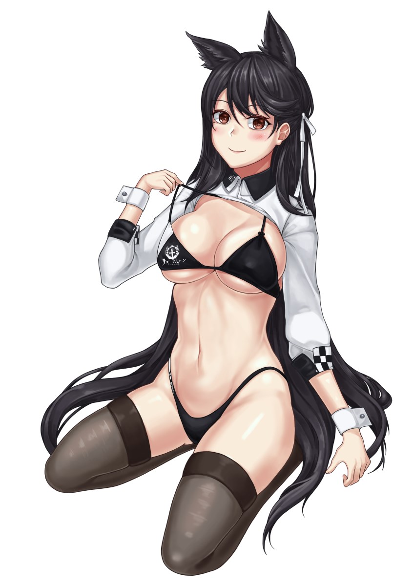 1girl alternate_costume animal_ears atago_(azur_lane) azur_lane bangs bikini black_bikini black_hair black_legwear blush breasts brown_eyes cleavage closed_mouth commentary_request cropped_jacket extra_ears hair_ribbon highleg highleg_bikini highres jacket large_breasts logo long_hair looking_at_viewer mole mole_under_eye navel race_queen ribbon shiny shiny_skin sidelocks sitting skindentation sleeve_cuffs smile solo sum_ku swept_bangs swimsuit thighhighs thighs white_background white_ribbon wrist_cuffs