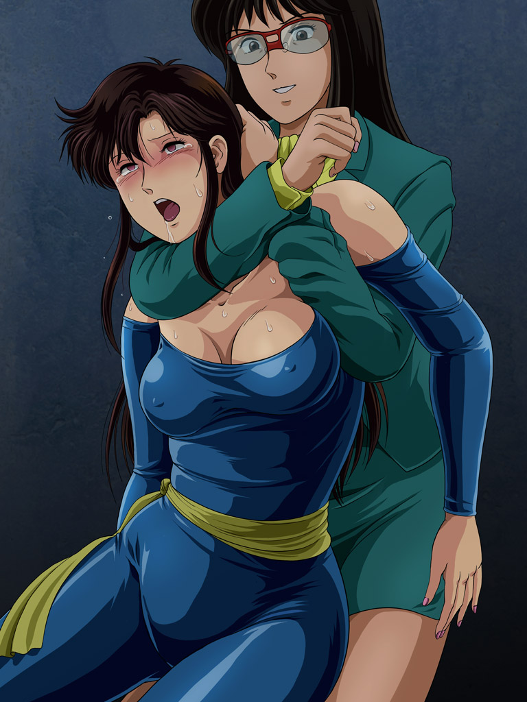 2girls 80s asatani_mitsuko asphyxiation bare_shoulders black_hair bodysuit breasts brown_eyes brown_hair cat's_eye cat's_eye choking cleavage detached_sleeves glasses headlock kisugi_hitomi large_breasts long_hair multiple_girls open_mouth saliva shiny shiny_clothes smile spandex suit sweat tamanegiinyo tears tongue tongue_out