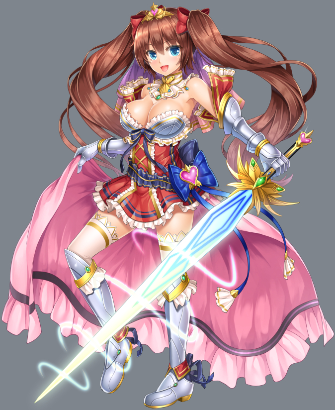 :d armor armored_boots armpits awakening_(sennen_sensou_aigis) bare_shoulders belt bikini bikini_armor bikini_top blue_bow blue_eyes blush boots bow breasts brooch brown_hair cape cleavage corset cross-laced_clothes detached_collar detached_sleeves emerald eyelashes frilled_bikini frilled_sleeves frills full_body gauntlets gem glowing glowing_sword glowing_weapon grey_background grey_footwear hair_bow helix holding holding_sword holding_weapon jewelry knee_boots lambda_(kusowarota) large_breasts leg_up long_hair long_sword magic open_mouth outstretched_arm red_bow red_skirt ruby_(stone) sapphire_(stone) sennen_sensou_aigis sherry_(sennen_sensou_aigis) short_sleeves simple_background skirt smile solo standing standing_on_one_leg swimsuit sword tareme tassel thighhighs tiara twintails veil very_long_hair waist_cape weapon white_legwear zettai_ryouiki