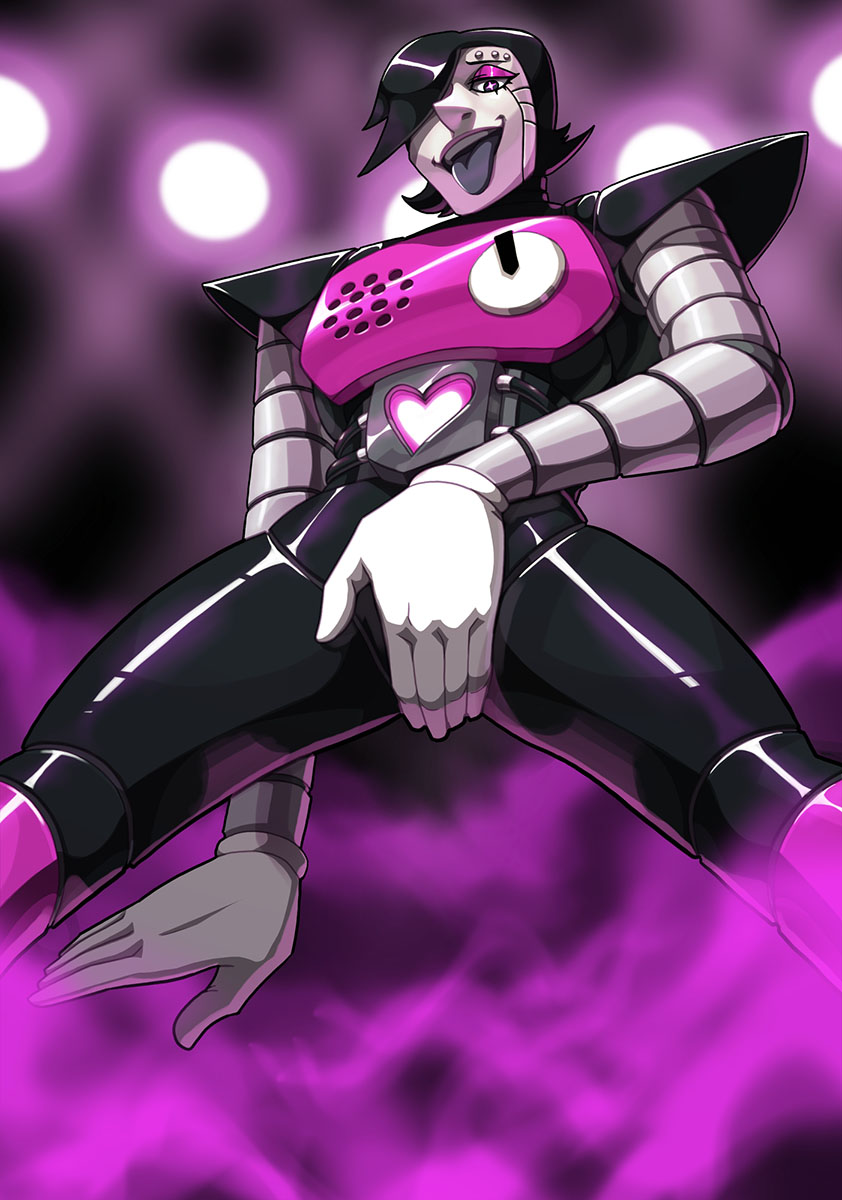 cowboy_shot crotch_grab from_below hair_over_one_eye highres legs_apart mettaton mettaton_ex robot stage_lights tongue tongue_out undertale yondamoegi