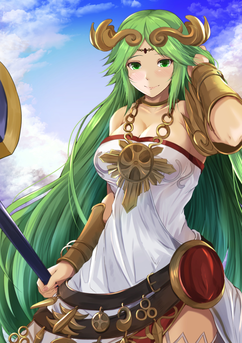 1girl arm_up bare_shoulders blue_sky blush bracelet bracer breasts circlet cleavage closed_mouth collarbone day dress fingernails green_eyes green_hair highres holding holding_staff jewelry kanzaki_kureha kid_icarus large_breasts long_hair looking_at_viewer necklace nintendo palutena pendant side_slit sky smile solo staff strapless strapless_dress super_smash_bros. super_smash_bros._ultimate tiara very_long_hair white_dress